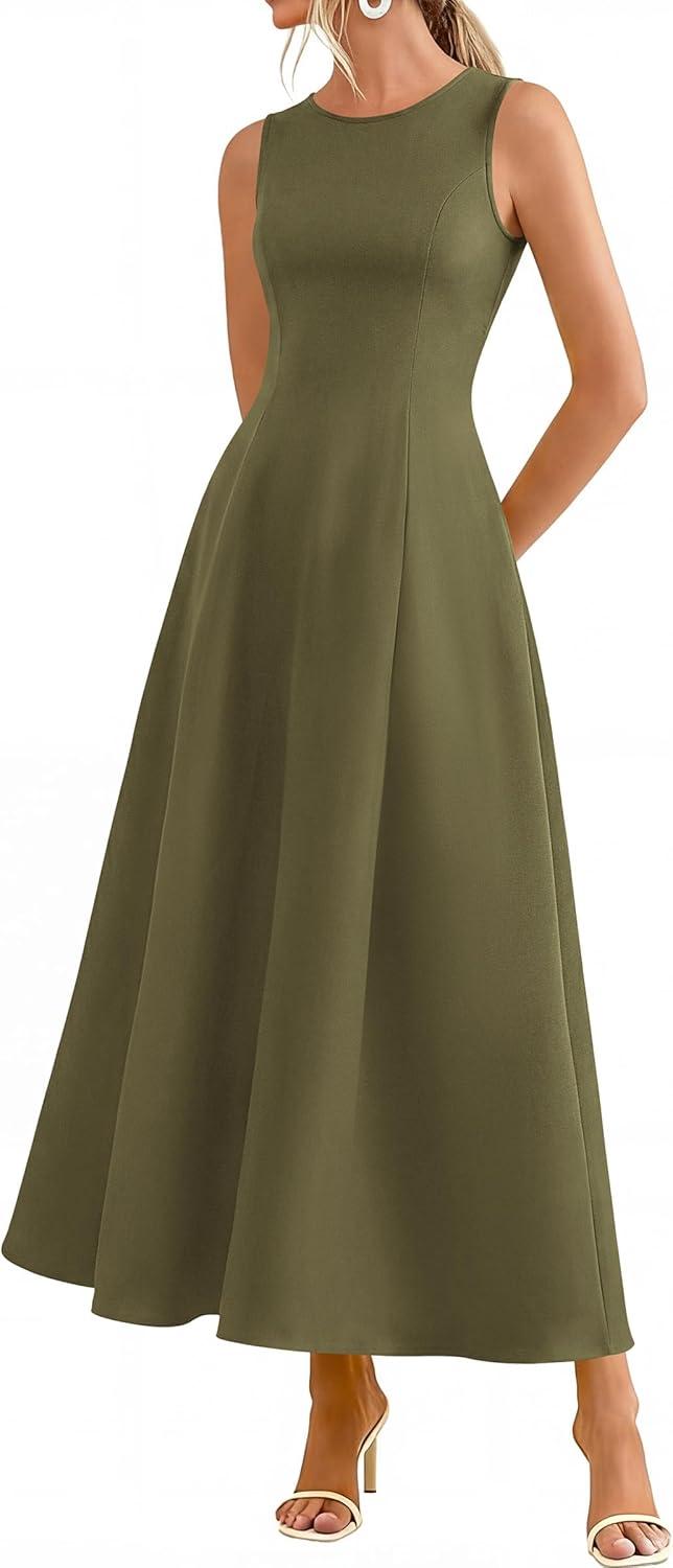 imagePRETTYGARDEN Womens Maxi Dress Summer Wedding Guest 2026 Spring A Line Long Tank Flowy Modest Sleeveless Cocktail DressesArmy Green