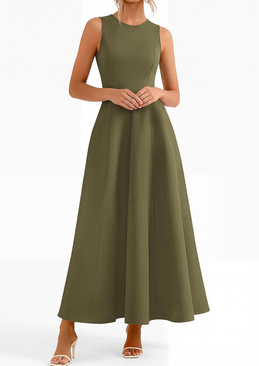 imagePRETTYGARDEN Womens Maxi Dress Summer Wedding Guest 2026 Spring A Line Long Tank Flowy Modest Sleeveless Cocktail DressesArmy Green
