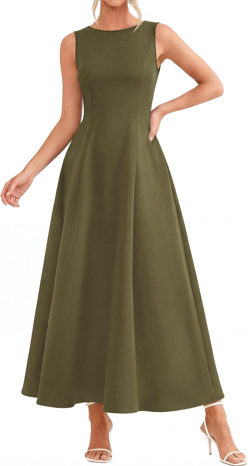imagePRETTYGARDEN Womens Maxi Dress Summer Wedding Guest 2026 Spring A Line Long Tank Flowy Modest Sleeveless Cocktail DressesArmy Green