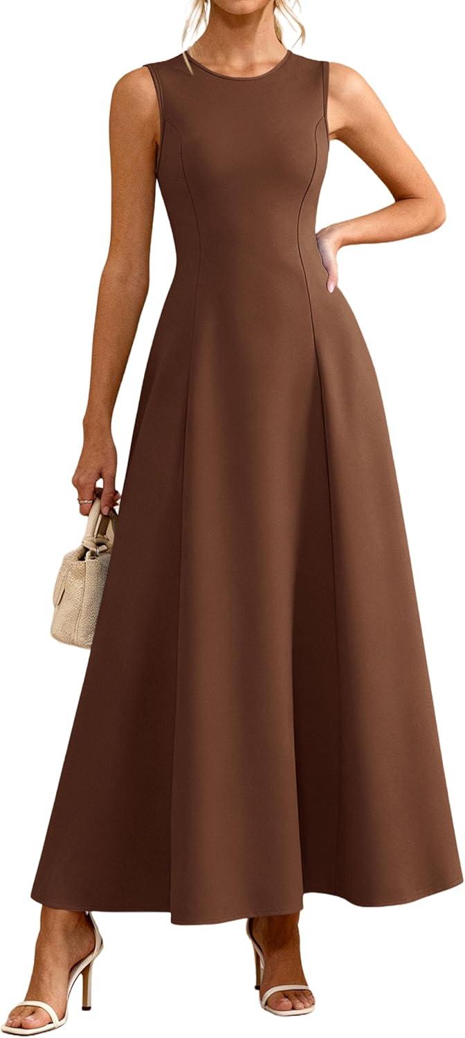 imagePRETTYGARDEN Womens Maxi Dress Summer Wedding Guest 2026 Spring A Line Long Tank Flowy Modest Sleeveless Cocktail DressesBrown