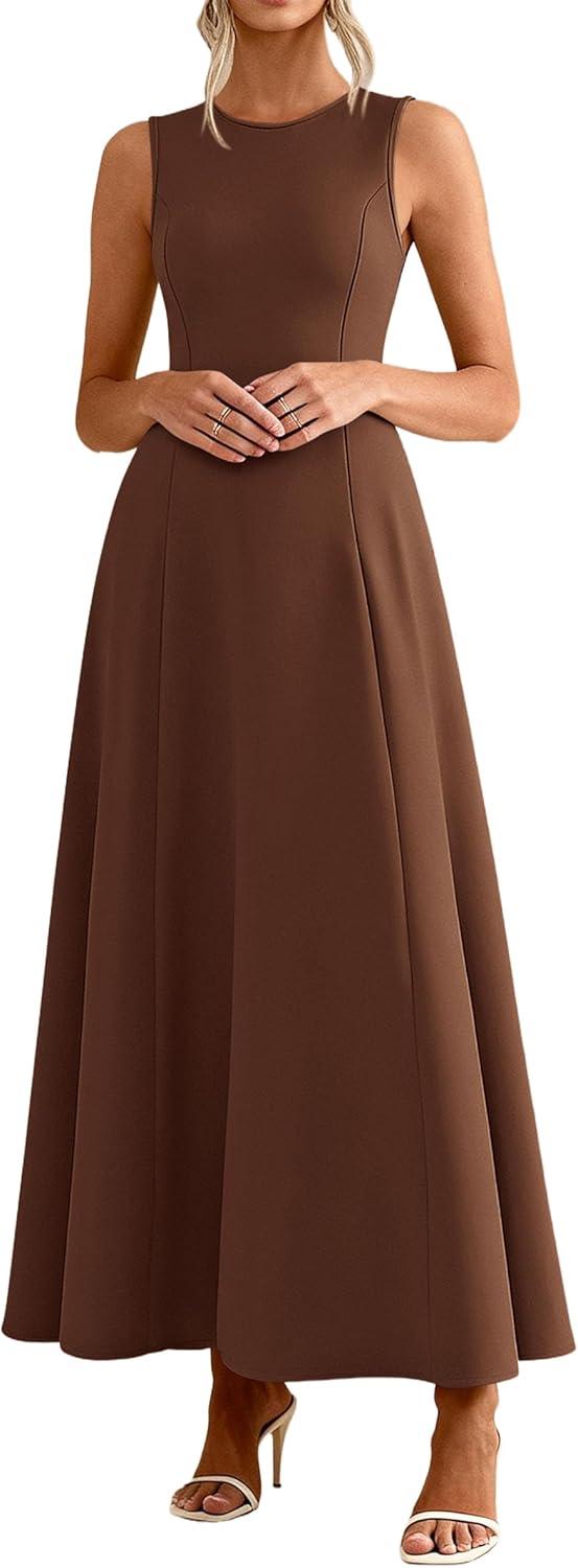 imagePRETTYGARDEN Womens Maxi Dress Summer Wedding Guest 2026 Spring A Line Long Tank Flowy Modest Sleeveless Cocktail DressesBrown