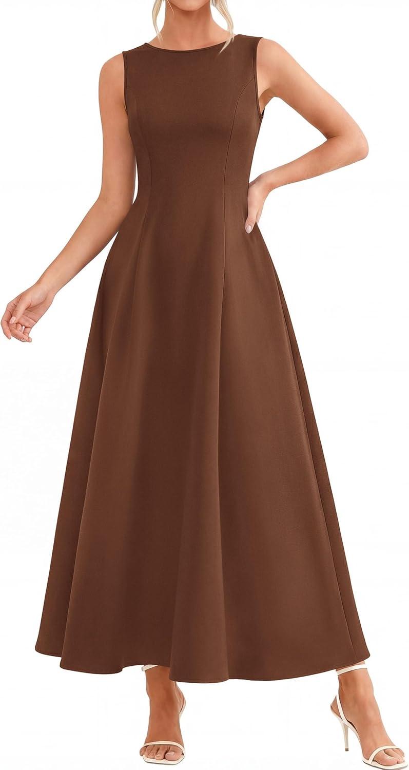 imagePRETTYGARDEN Womens Maxi Dress Summer Wedding Guest 2026 Spring A Line Long Tank Flowy Modest Sleeveless Cocktail DressesBrown