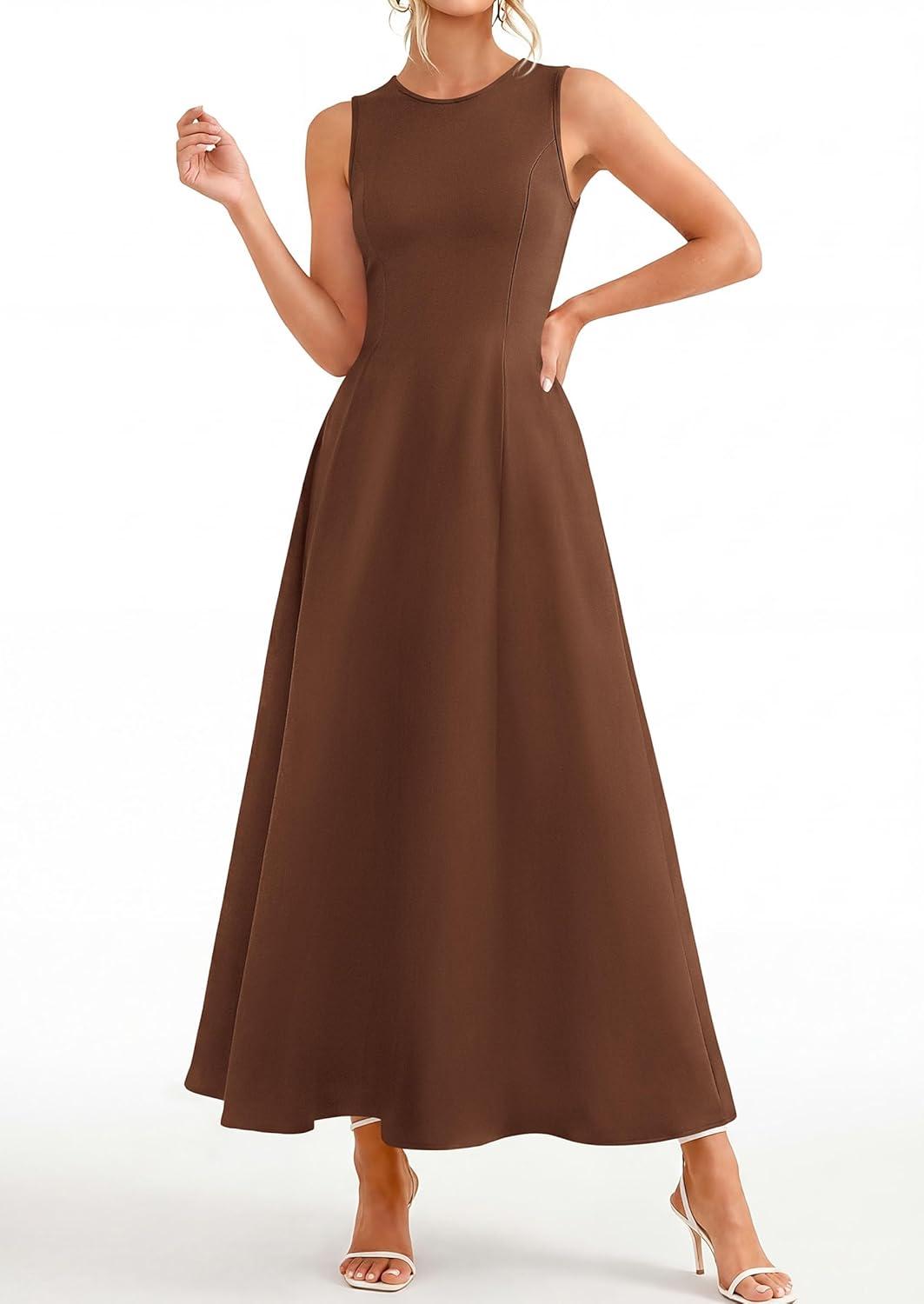 imagePRETTYGARDEN Womens Maxi Dress Summer Wedding Guest 2026 Spring A Line Long Tank Flowy Modest Sleeveless Cocktail DressesBrown