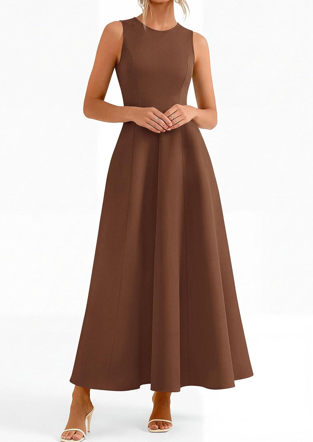 imagePRETTYGARDEN Womens Maxi Dress Summer Wedding Guest 2026 Spring A Line Long Tank Flowy Modest Sleeveless Cocktail DressesBrown