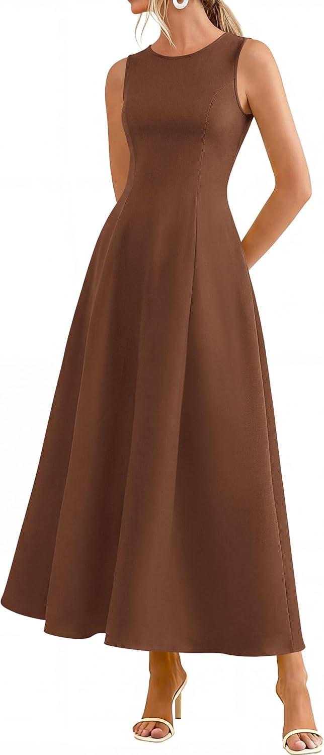 imagePRETTYGARDEN Womens Maxi Dress Summer Wedding Guest 2026 Spring A Line Long Tank Flowy Modest Sleeveless Cocktail DressesBrown