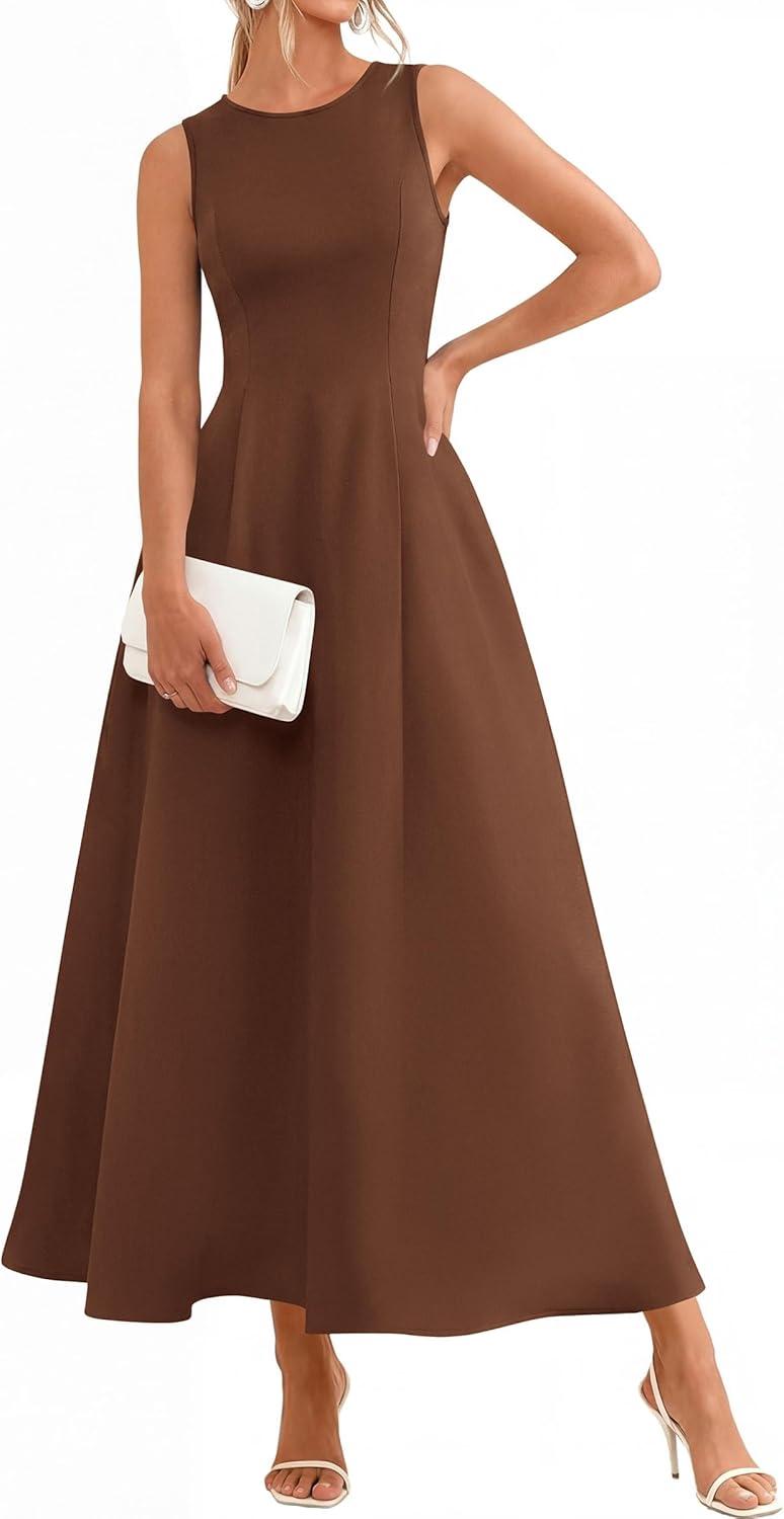 imagePRETTYGARDEN Womens Maxi Dress Summer Wedding Guest 2026 Spring A Line Long Tank Flowy Modest Sleeveless Cocktail DressesBrown