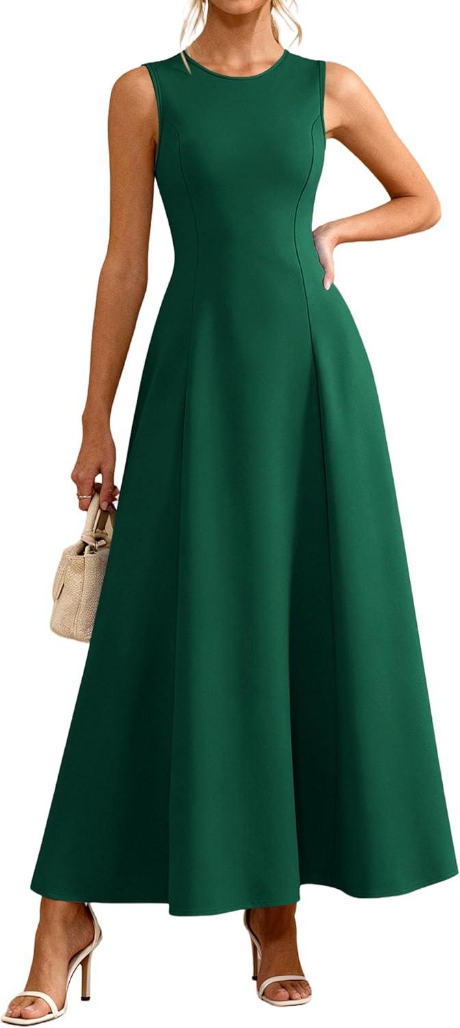 imagePRETTYGARDEN Womens Maxi Dress Summer Wedding Guest 2026 Spring A Line Long Tank Flowy Modest Sleeveless Cocktail DressesDark Green