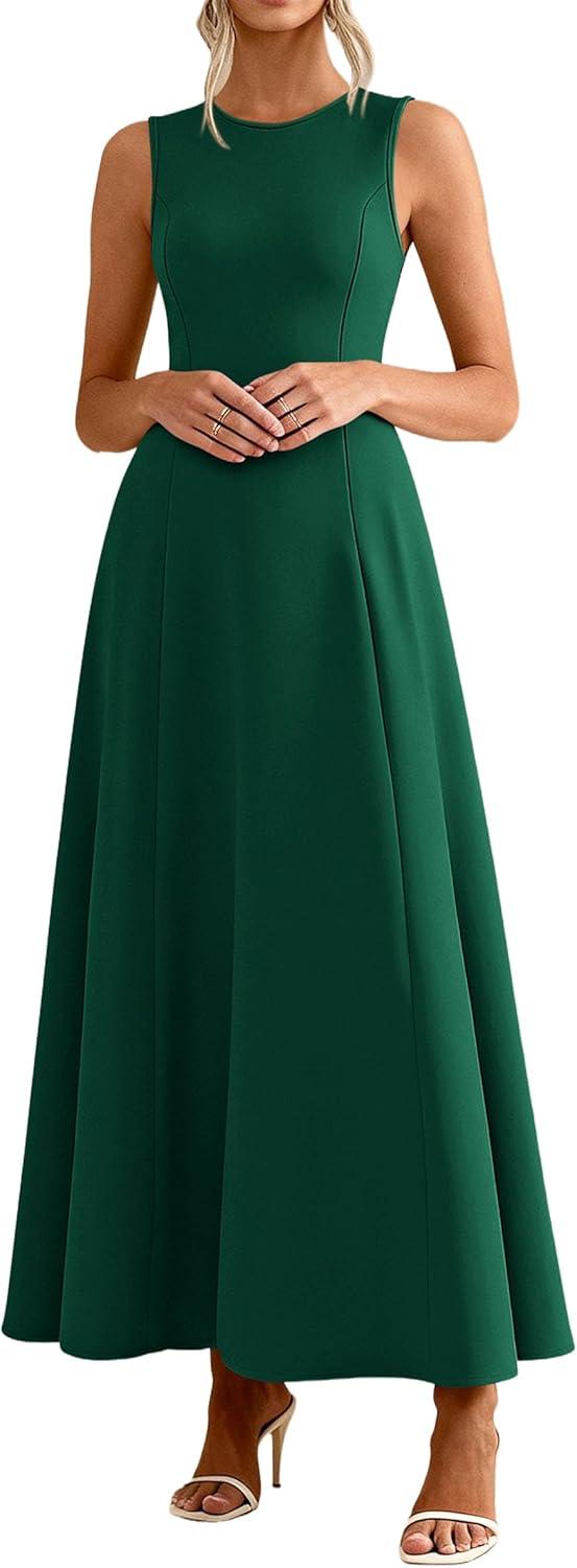 imagePRETTYGARDEN Womens Maxi Dress Summer Wedding Guest 2026 Spring A Line Long Tank Flowy Modest Sleeveless Cocktail DressesDark Green