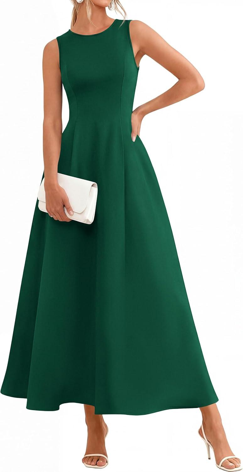 imagePRETTYGARDEN Womens Maxi Dress Summer Wedding Guest 2026 Spring A Line Long Tank Flowy Modest Sleeveless Cocktail DressesDark Green