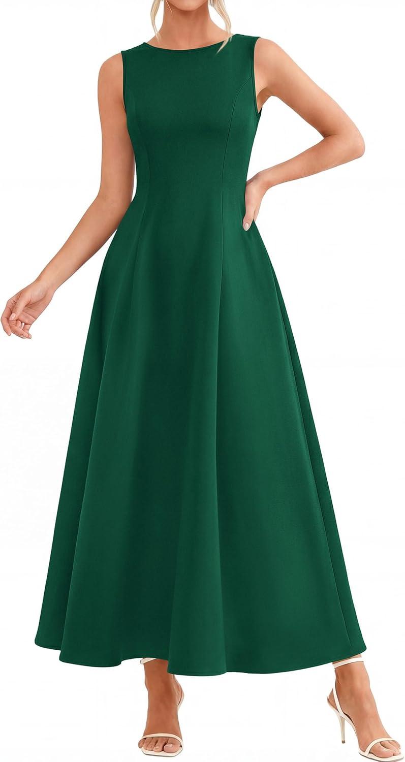 imagePRETTYGARDEN Womens Maxi Dress Summer Wedding Guest 2026 Spring A Line Long Tank Flowy Modest Sleeveless Cocktail DressesDark Green
