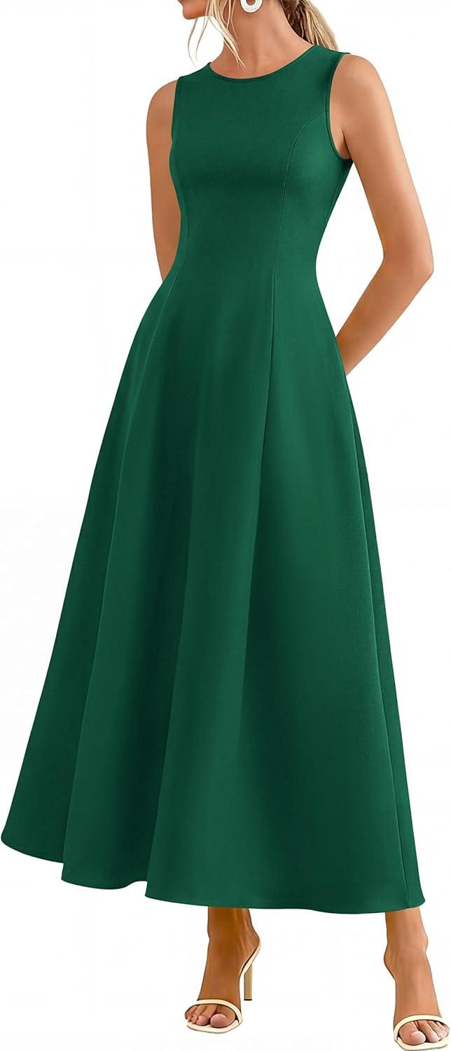 imagePRETTYGARDEN Womens Maxi Dress Summer Wedding Guest 2026 Spring A Line Long Tank Flowy Modest Sleeveless Cocktail DressesDark Green