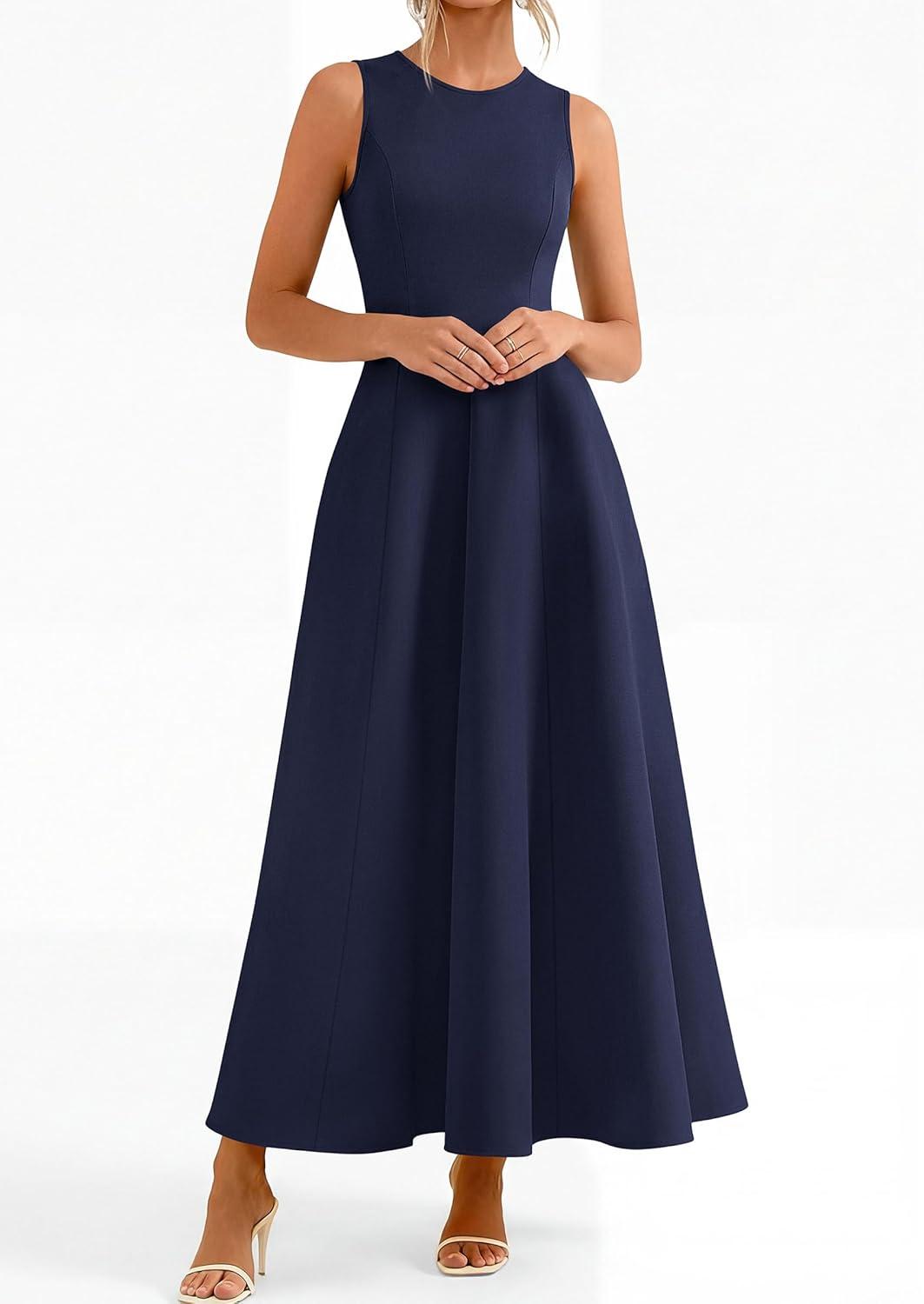 imagePRETTYGARDEN Womens Maxi Dress Summer Wedding Guest 2026 Spring A Line Long Tank Flowy Modest Sleeveless Cocktail DressesNavy Blue