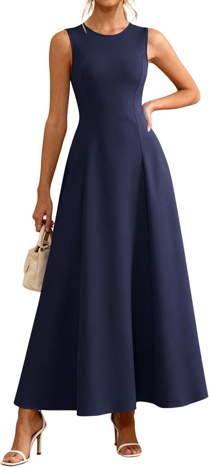 imagePRETTYGARDEN Womens Maxi Dress Summer Wedding Guest 2026 Spring A Line Long Tank Flowy Modest Sleeveless Cocktail DressesNavy Blue