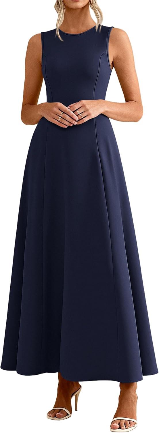 imagePRETTYGARDEN Womens Maxi Dress Summer Wedding Guest 2026 Spring A Line Long Tank Flowy Modest Sleeveless Cocktail DressesNavy Blue