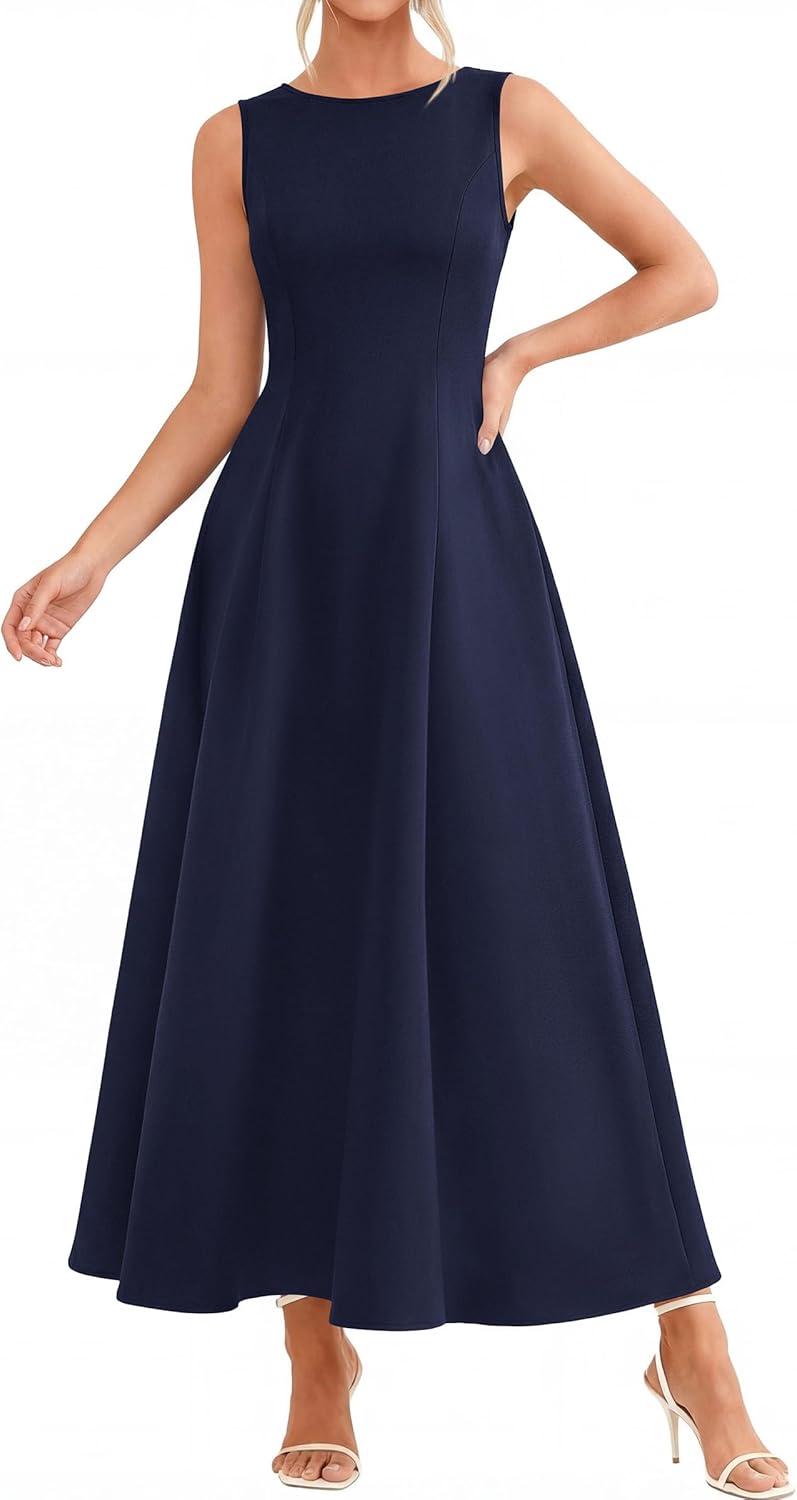 imagePRETTYGARDEN Womens Maxi Dress Summer Wedding Guest 2026 Spring A Line Long Tank Flowy Modest Sleeveless Cocktail DressesNavy Blue