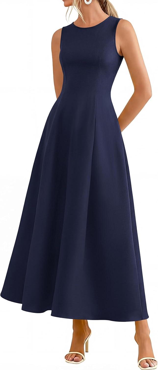 imagePRETTYGARDEN Womens Maxi Dress Summer Wedding Guest 2026 Spring A Line Long Tank Flowy Modest Sleeveless Cocktail DressesNavy Blue
