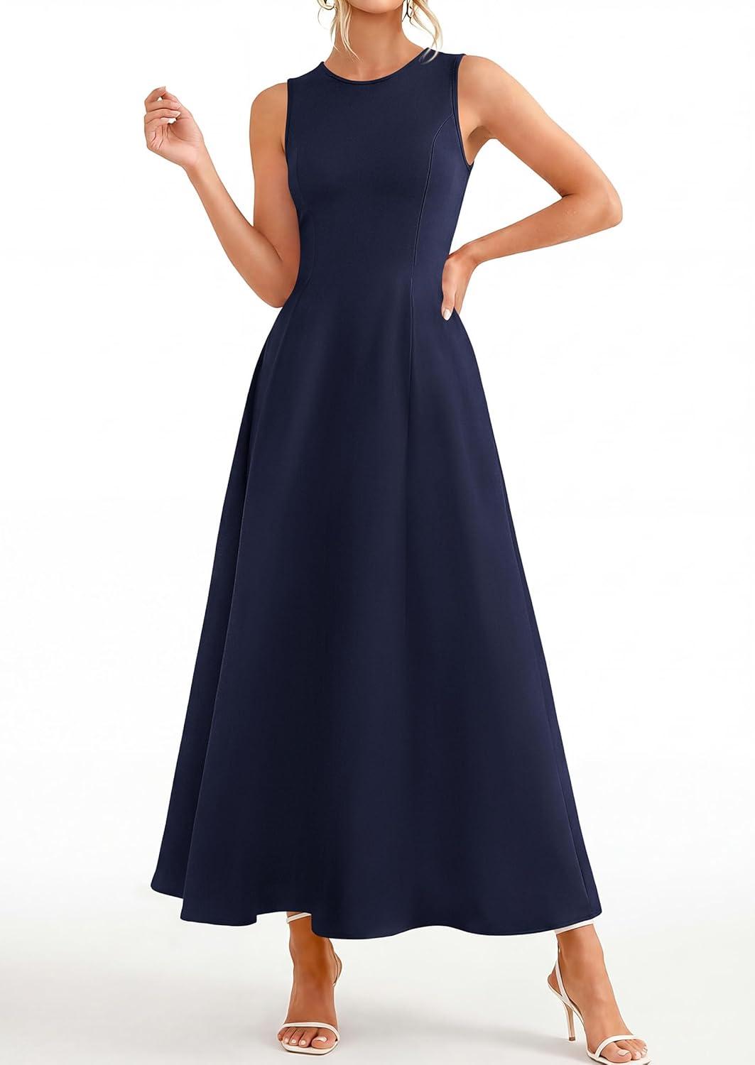 imagePRETTYGARDEN Womens Maxi Dress Summer Wedding Guest 2026 Spring A Line Long Tank Flowy Modest Sleeveless Cocktail DressesNavy Blue