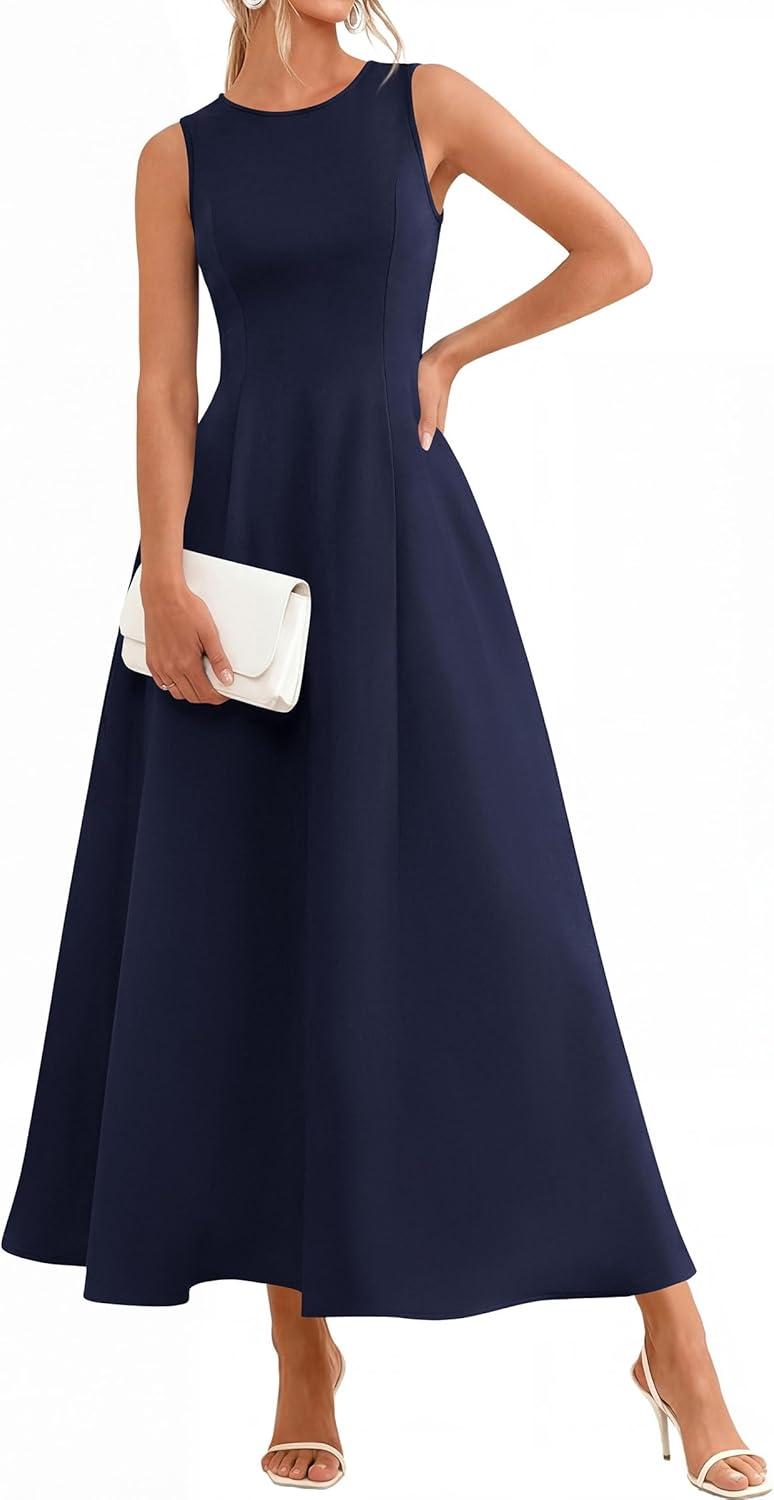imagePRETTYGARDEN Womens Maxi Dress Summer Wedding Guest 2026 Spring A Line Long Tank Flowy Modest Sleeveless Cocktail DressesNavy Blue
