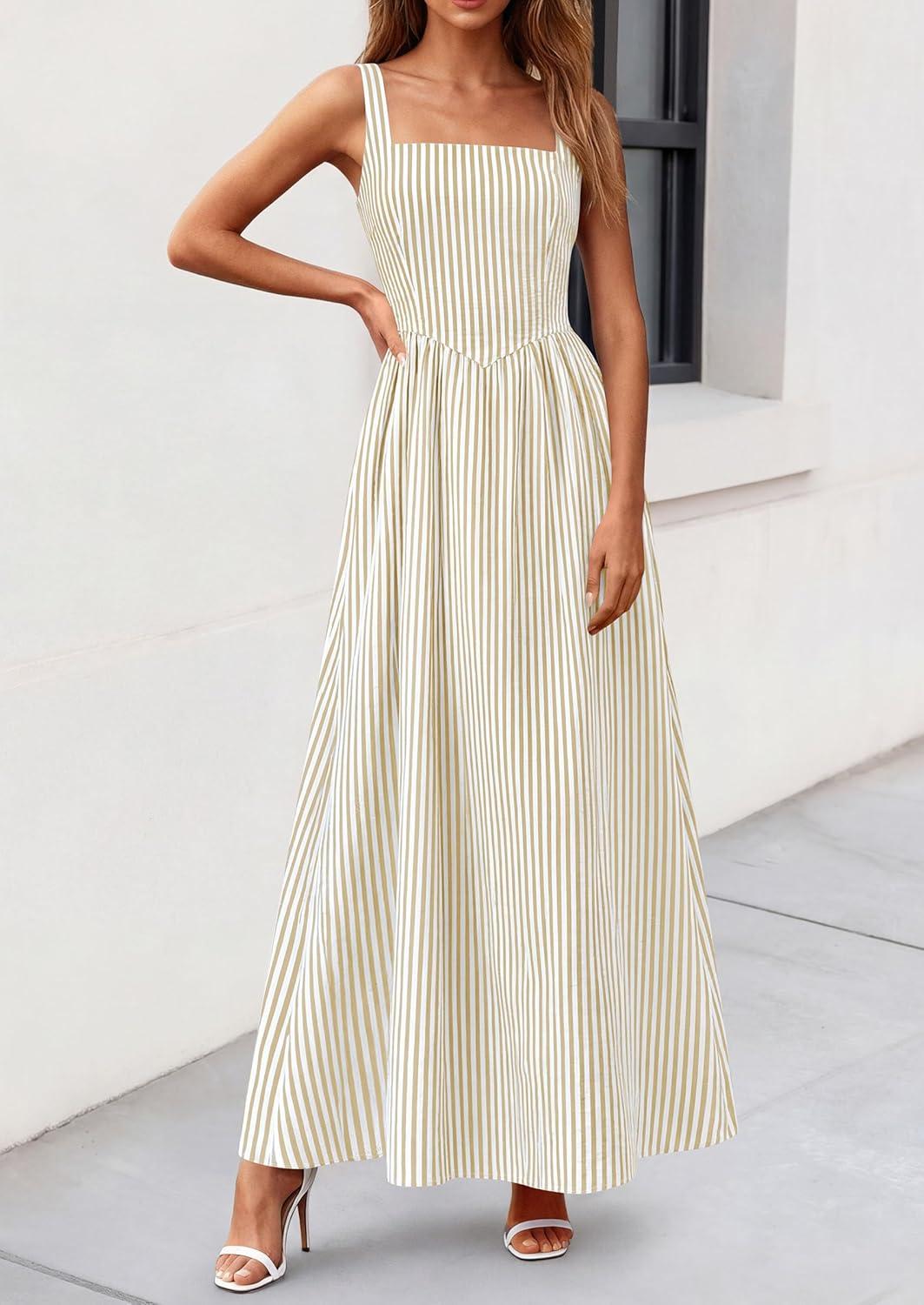 imagePRETTYGARDEN Womens Maxi Striped Dress 2026 Summer Sleeveless Square Neck Smocked A Line Long Flowy Spring Vacation SundressBeige Striped