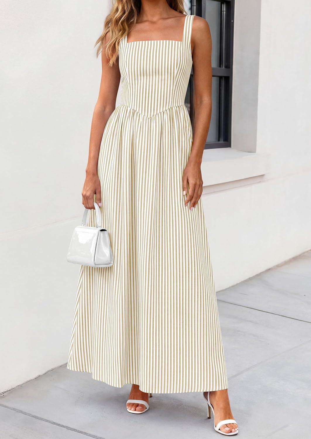 imagePRETTYGARDEN Womens Maxi Striped Dress 2026 Summer Sleeveless Square Neck Smocked A Line Long Flowy Spring Vacation SundressBeige Striped