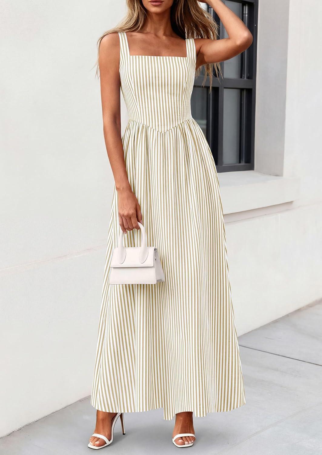 imagePRETTYGARDEN Womens Maxi Striped Dress 2026 Summer Sleeveless Square Neck Smocked A Line Long Flowy Spring Vacation SundressBeige Striped