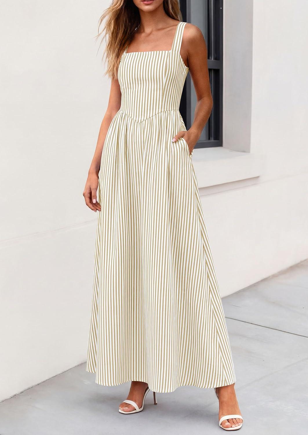 imagePRETTYGARDEN Womens Maxi Striped Dress 2026 Summer Sleeveless Square Neck Smocked A Line Long Flowy Spring Vacation SundressBeige Striped