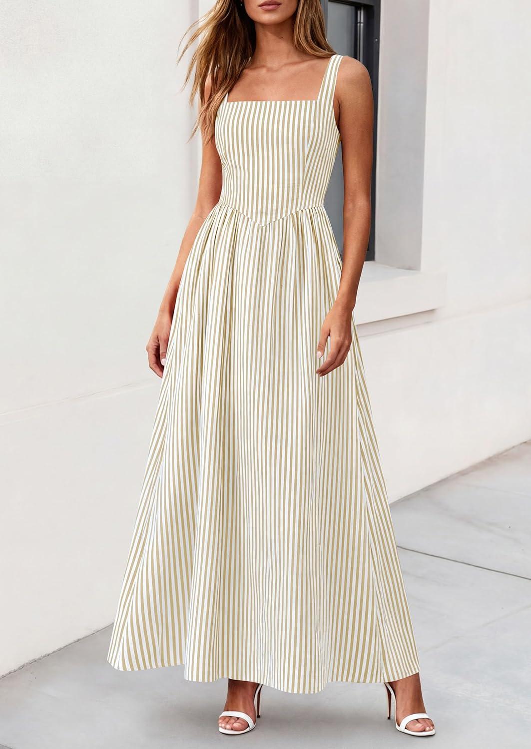 imagePRETTYGARDEN Womens Maxi Striped Dress 2026 Summer Sleeveless Square Neck Smocked A Line Long Flowy Spring Vacation SundressBeige Striped