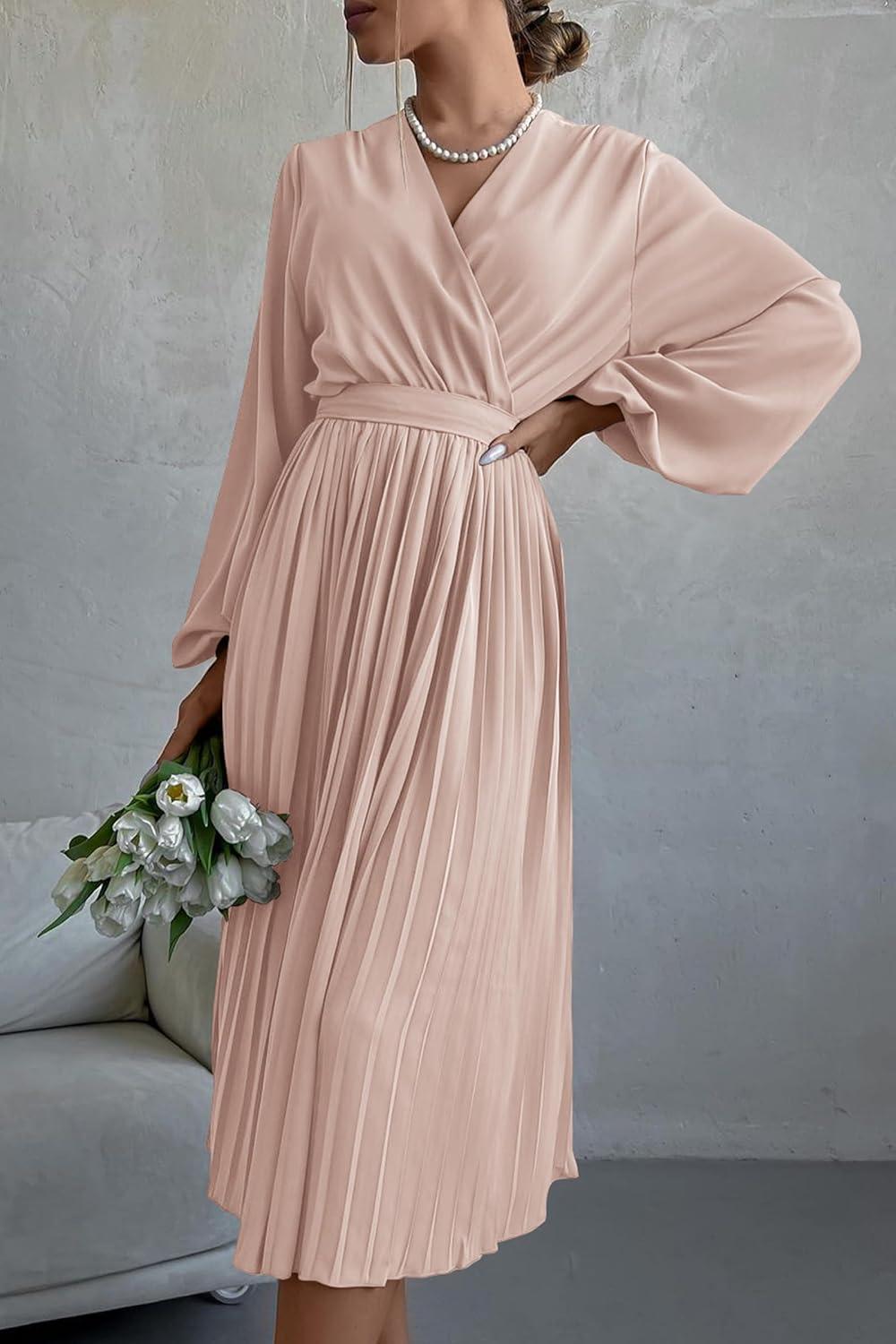 imagePRETTYGARDEN Womens Spring Midi Dress Long Puff Sleeve Wrap V Neck Flowy Ruffle Pleated Casual Fall DressesApricot