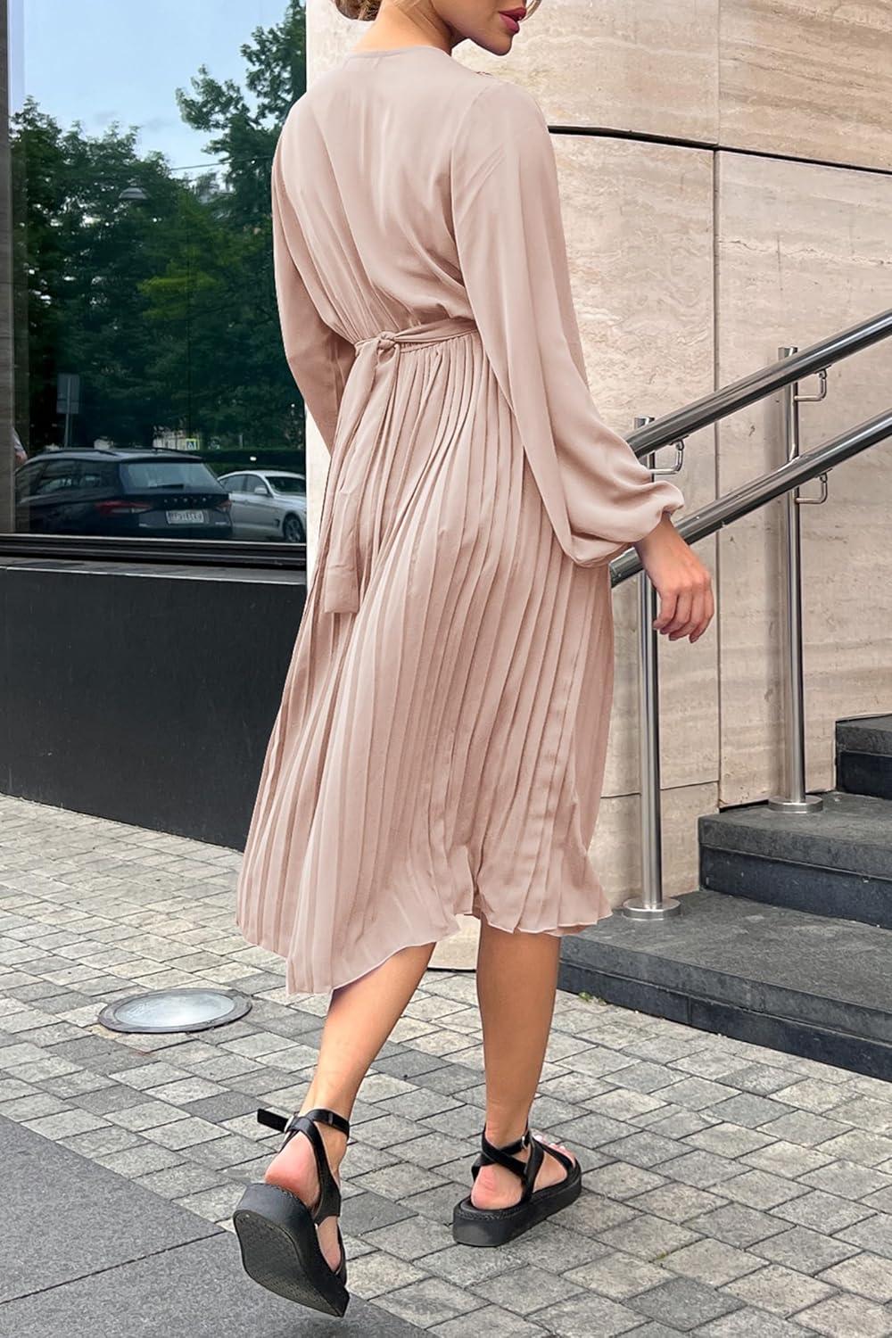 imagePRETTYGARDEN Womens Spring Midi Dress Long Puff Sleeve Wrap V Neck Flowy Ruffle Pleated Casual Fall DressesApricot