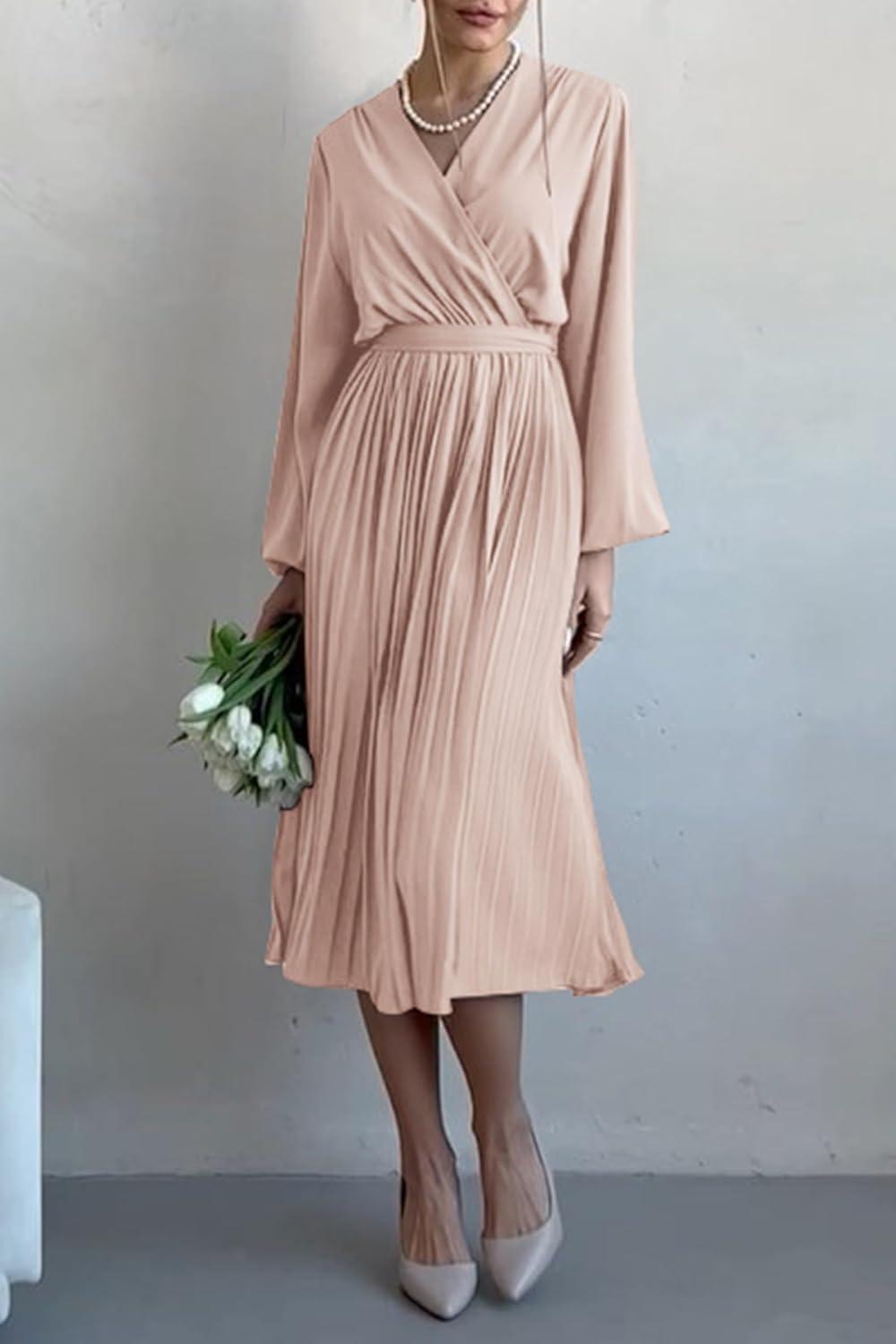 imagePRETTYGARDEN Womens Spring Midi Dress Long Puff Sleeve Wrap V Neck Flowy Ruffle Pleated Casual Fall DressesApricot