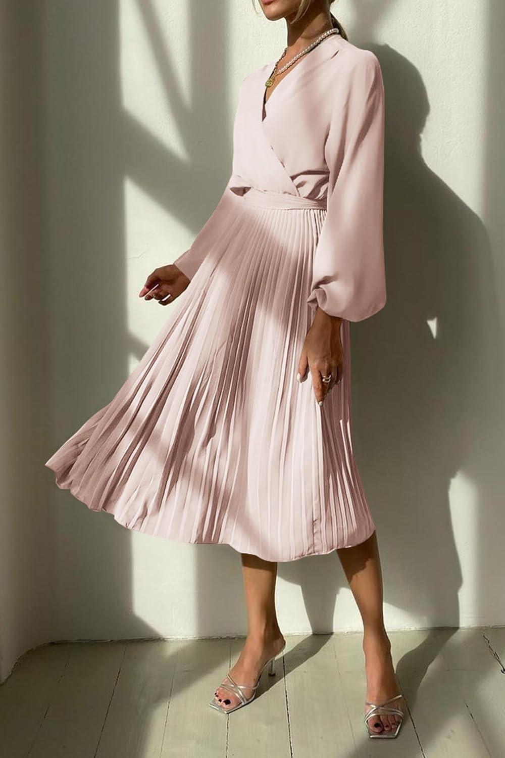 imagePRETTYGARDEN Womens Spring Midi Dress Long Puff Sleeve Wrap V Neck Flowy Ruffle Pleated Casual Fall DressesApricot