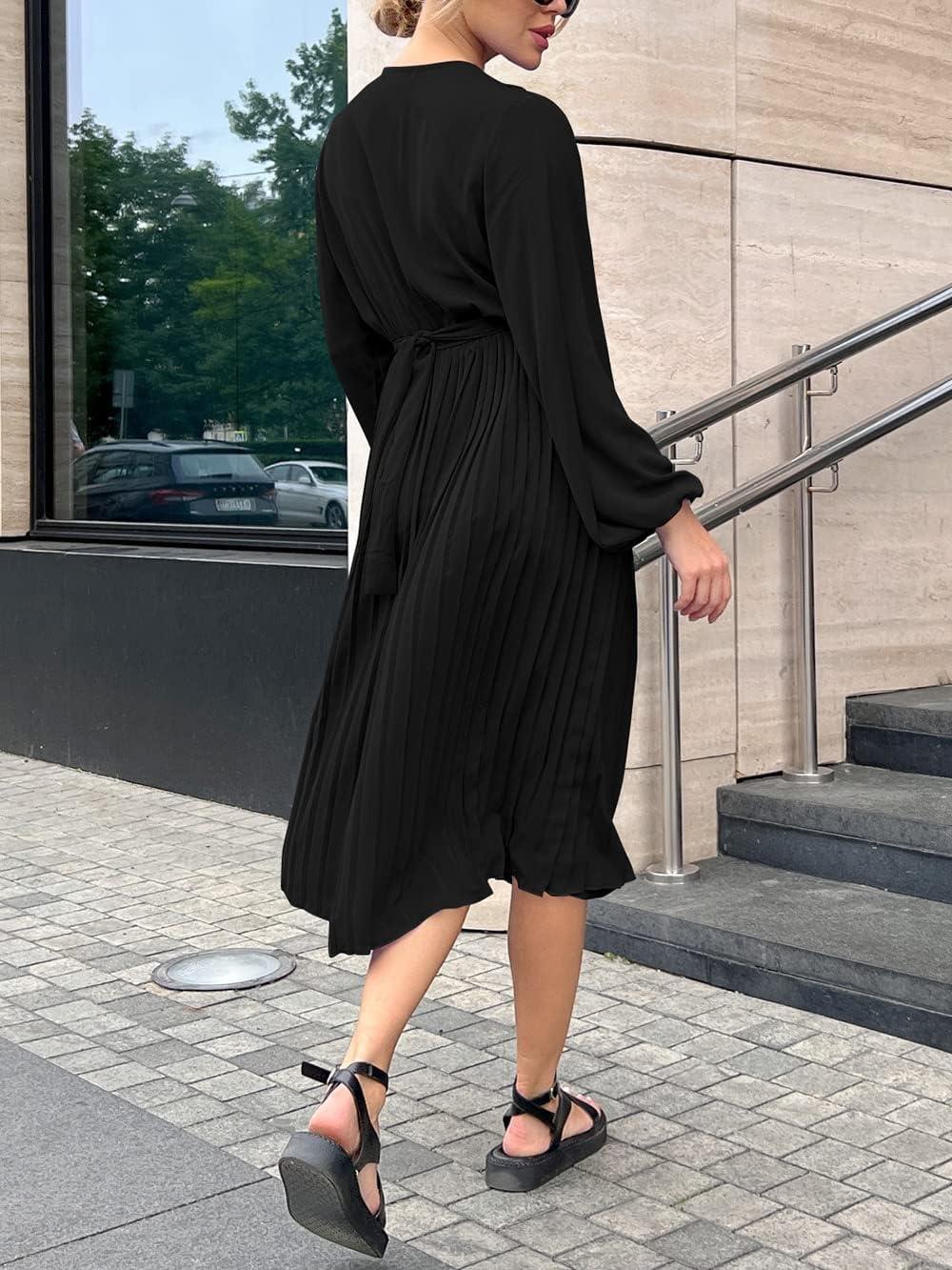 imagePRETTYGARDEN Womens Spring Midi Dress Long Puff Sleeve Wrap V Neck Flowy Ruffle Pleated Casual Fall DressesBlack
