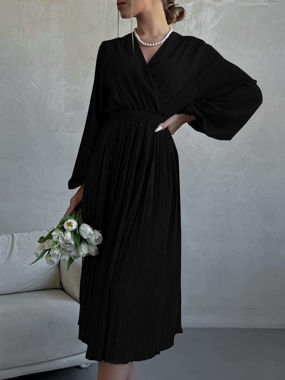 imagePRETTYGARDEN Womens Spring Midi Dress Long Puff Sleeve Wrap V Neck Flowy Ruffle Pleated Casual Fall DressesBlack