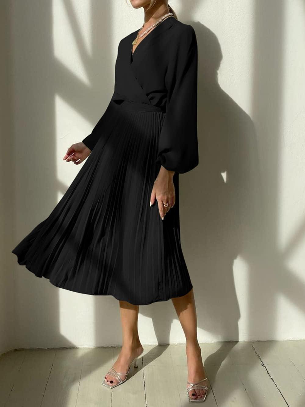 imagePRETTYGARDEN Womens Spring Midi Dress Long Puff Sleeve Wrap V Neck Flowy Ruffle Pleated Casual Fall DressesBlack