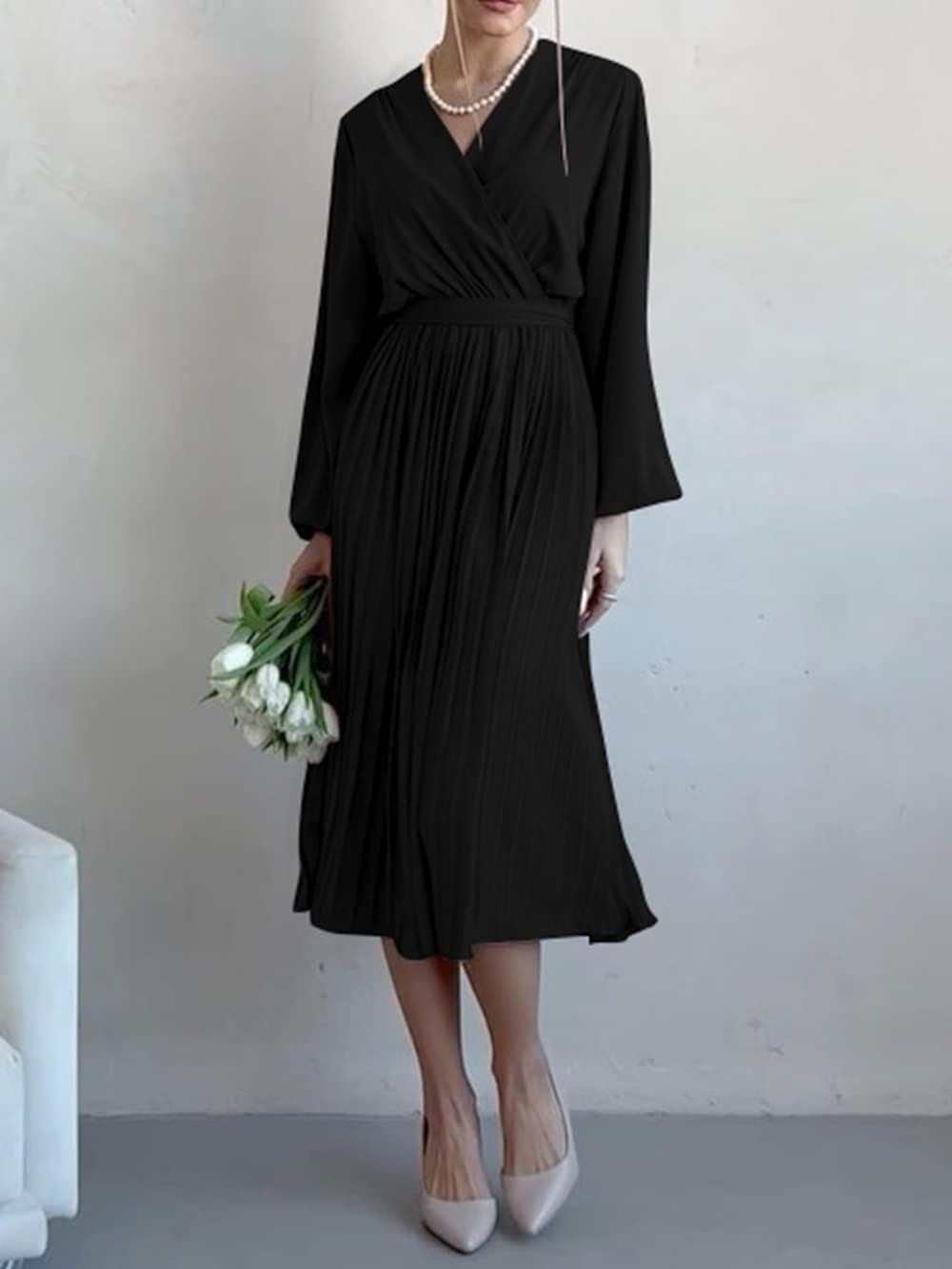 imagePRETTYGARDEN Womens Spring Midi Dress Long Puff Sleeve Wrap V Neck Flowy Ruffle Pleated Casual Fall DressesBlack
