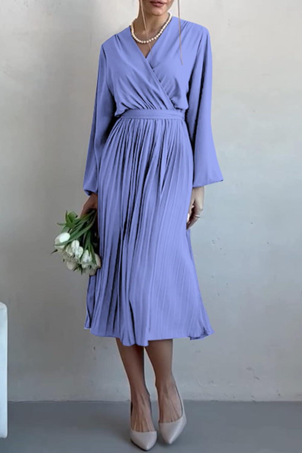 imagePRETTYGARDEN Womens Spring Midi Dress Long Puff Sleeve Wrap V Neck Flowy Ruffle Pleated Casual Fall DressesBlue