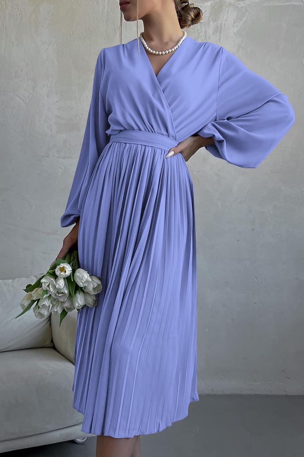 imagePRETTYGARDEN Womens Spring Midi Dress Long Puff Sleeve Wrap V Neck Flowy Ruffle Pleated Casual Fall DressesBlue