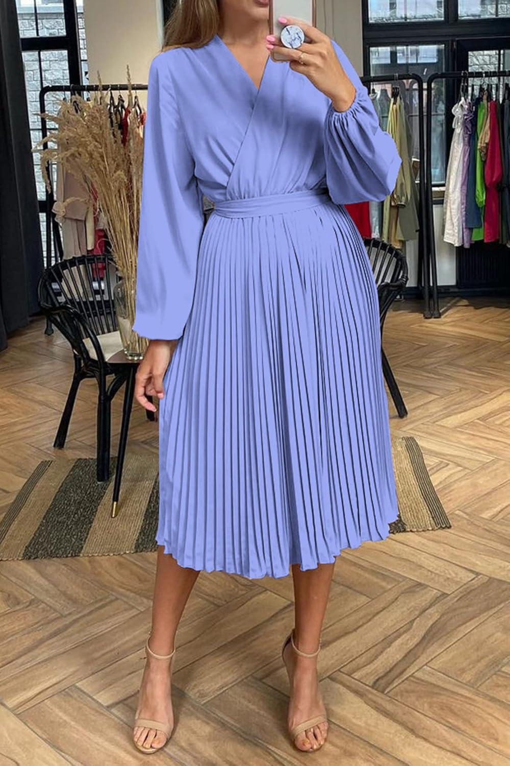 imagePRETTYGARDEN Womens Spring Midi Dress Long Puff Sleeve Wrap V Neck Flowy Ruffle Pleated Casual Fall DressesBlue