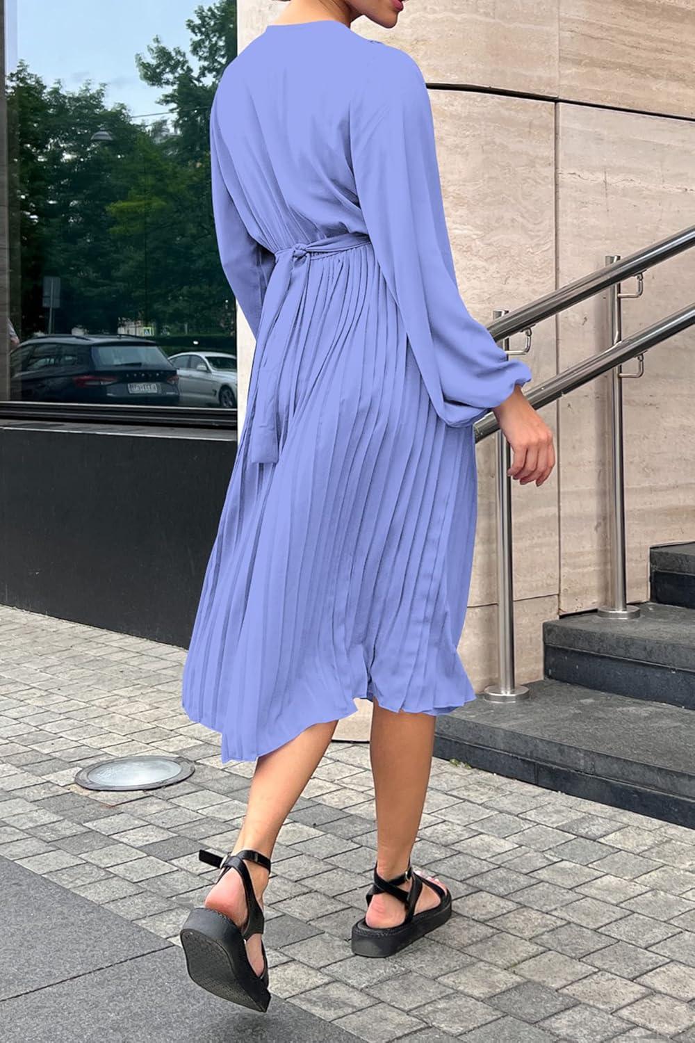 imagePRETTYGARDEN Womens Spring Midi Dress Long Puff Sleeve Wrap V Neck Flowy Ruffle Pleated Casual Fall DressesBlue