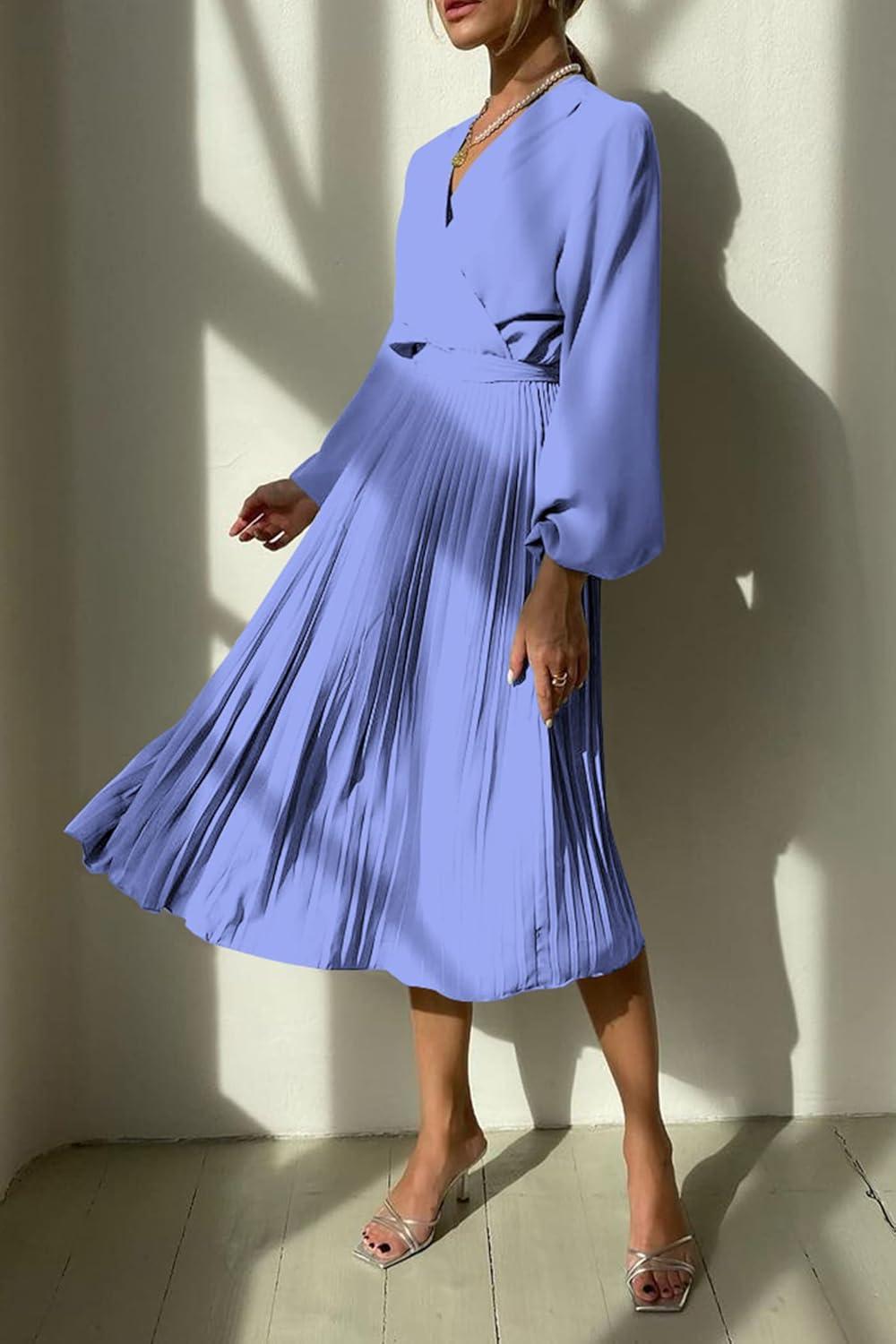 imagePRETTYGARDEN Womens Spring Midi Dress Long Puff Sleeve Wrap V Neck Flowy Ruffle Pleated Casual Fall DressesBlue