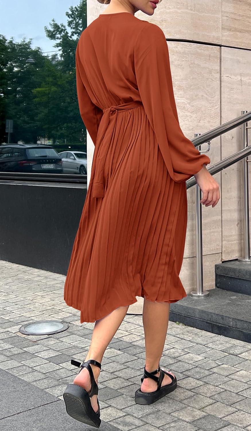imagePRETTYGARDEN Womens Spring Midi Dress Long Puff Sleeve Wrap V Neck Flowy Ruffle Pleated Casual Fall DressesBrick Red