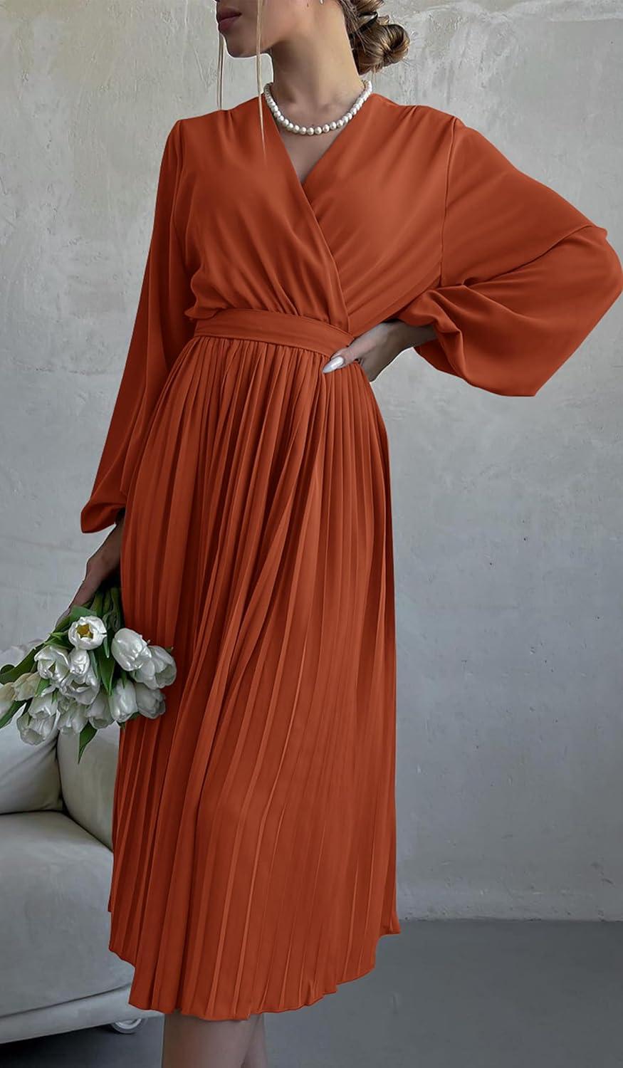 imagePRETTYGARDEN Womens Spring Midi Dress Long Puff Sleeve Wrap V Neck Flowy Ruffle Pleated Casual Fall DressesBrick Red