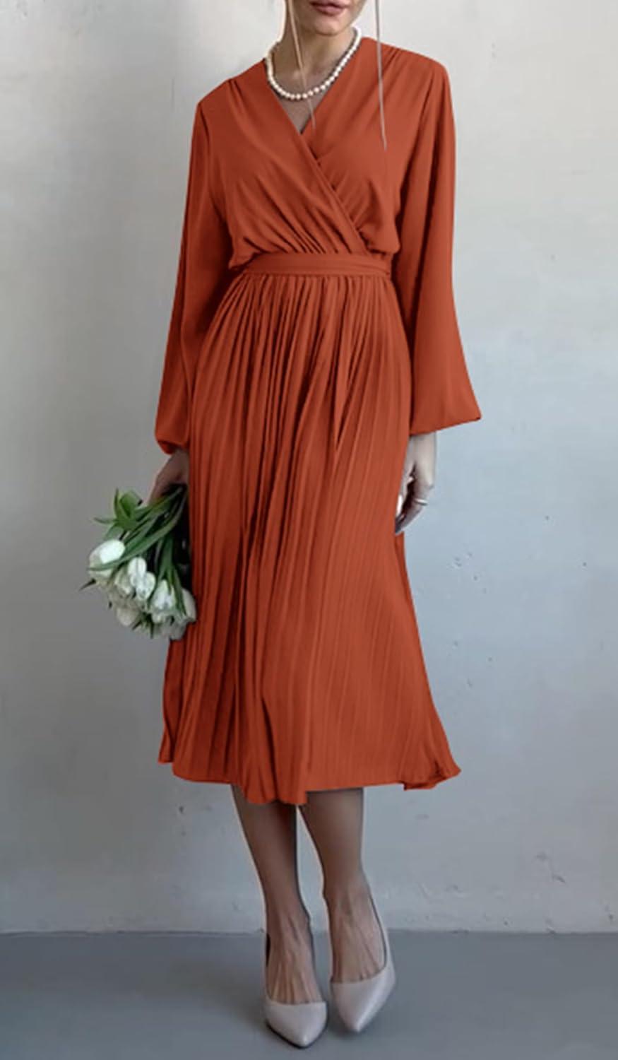 imagePRETTYGARDEN Womens Spring Midi Dress Long Puff Sleeve Wrap V Neck Flowy Ruffle Pleated Casual Fall DressesBrick Red