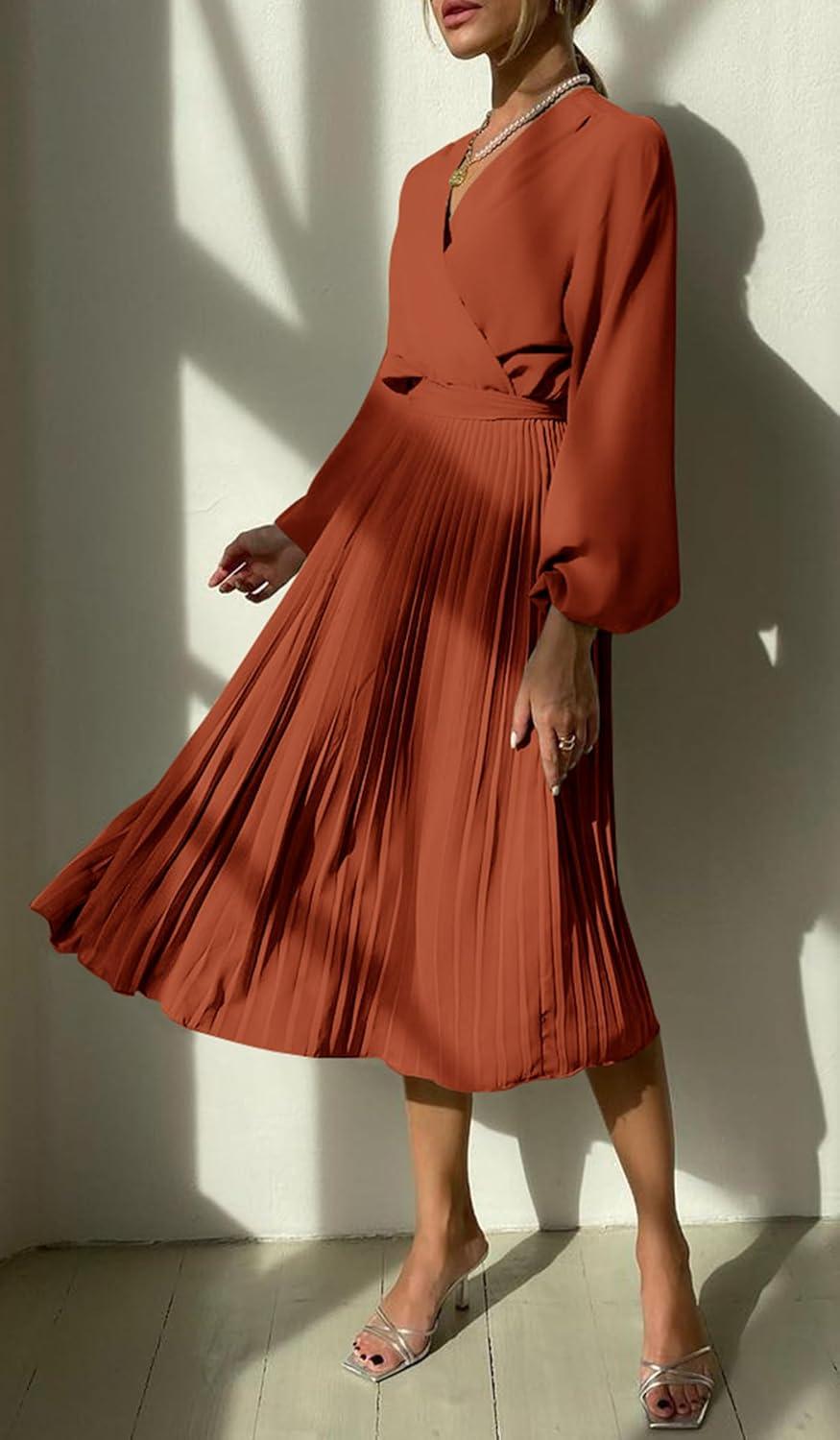 imagePRETTYGARDEN Womens Spring Midi Dress Long Puff Sleeve Wrap V Neck Flowy Ruffle Pleated Casual Fall DressesBrick Red