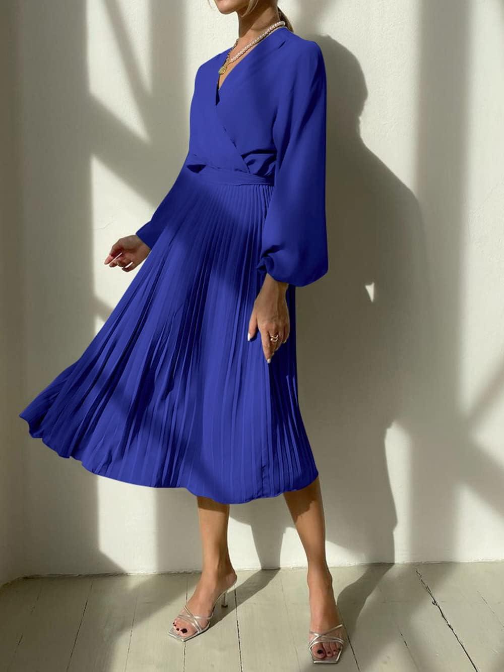 imagePRETTYGARDEN Womens Spring Midi Dress Long Puff Sleeve Wrap V Neck Flowy Ruffle Pleated Casual Fall DressesBright Blue