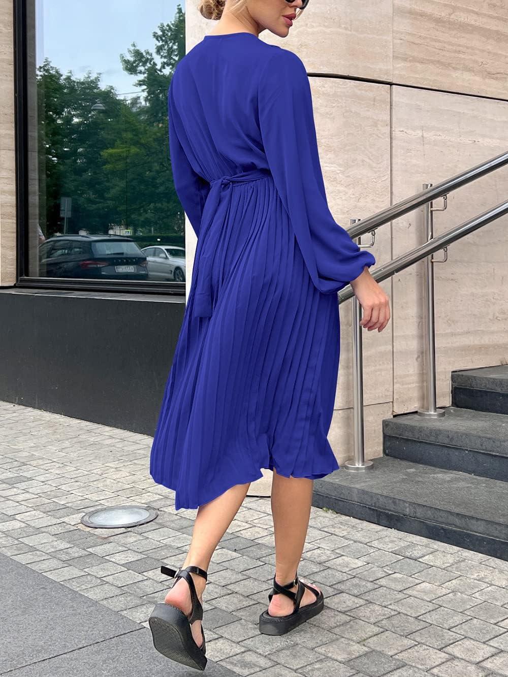 imagePRETTYGARDEN Womens Spring Midi Dress Long Puff Sleeve Wrap V Neck Flowy Ruffle Pleated Casual Fall DressesBright Blue