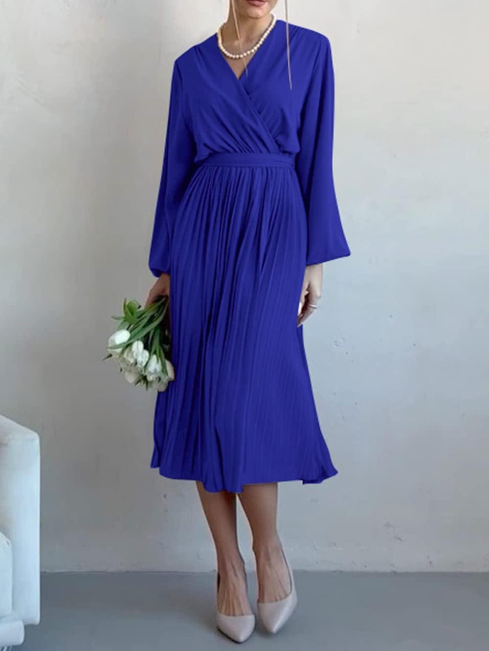 imagePRETTYGARDEN Womens Spring Midi Dress Long Puff Sleeve Wrap V Neck Flowy Ruffle Pleated Casual Fall DressesBright Blue
