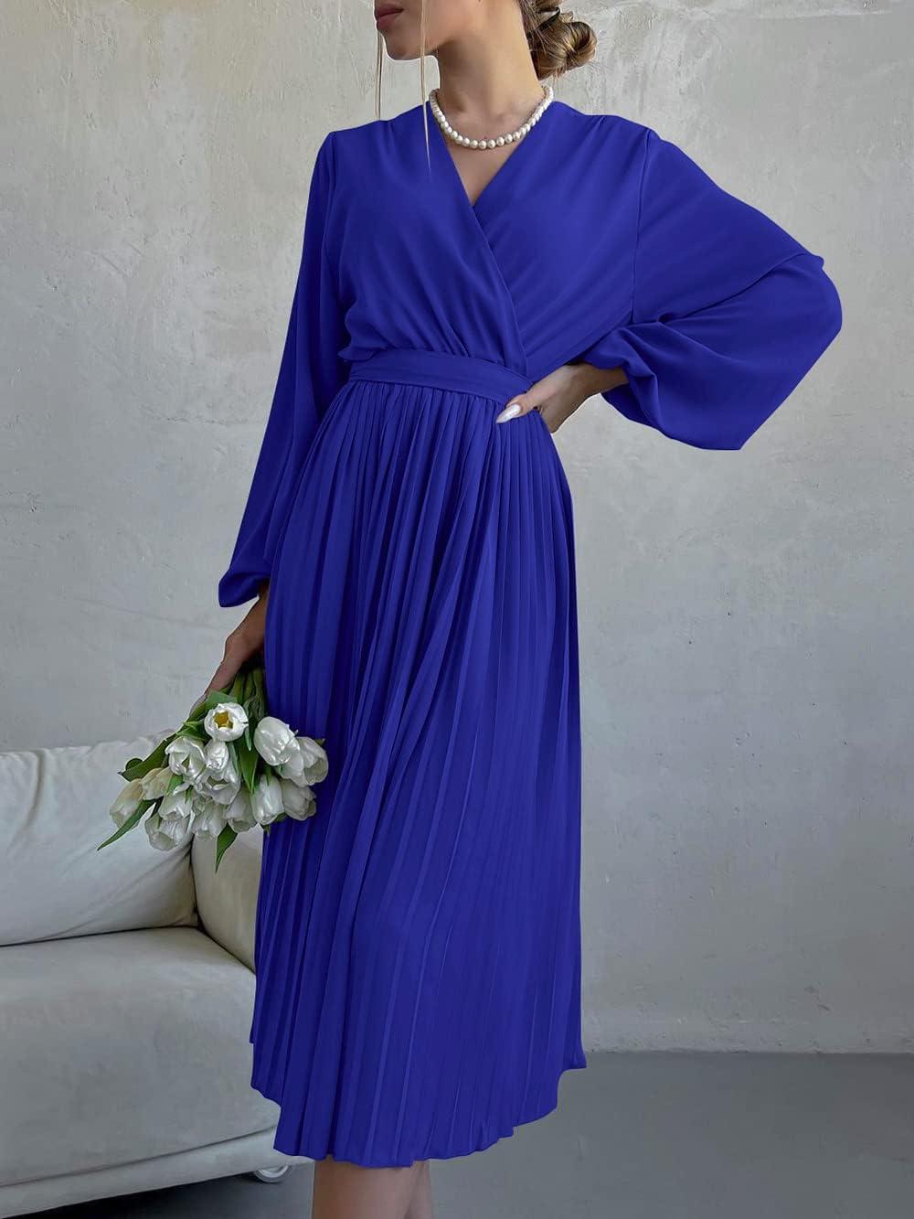 imagePRETTYGARDEN Womens Spring Midi Dress Long Puff Sleeve Wrap V Neck Flowy Ruffle Pleated Casual Fall DressesBright Blue