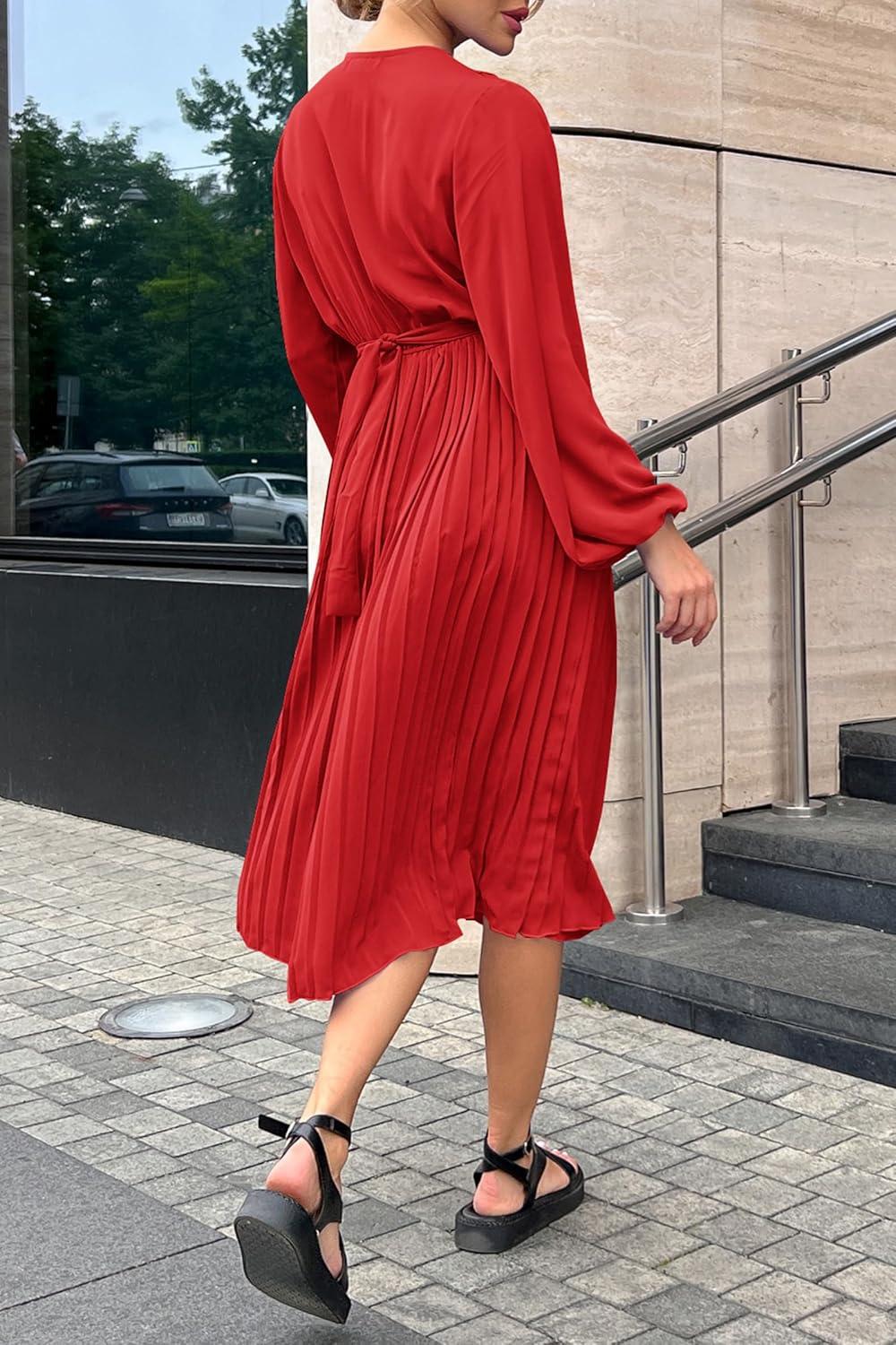 imagePRETTYGARDEN Womens Spring Midi Dress Long Puff Sleeve Wrap V Neck Flowy Ruffle Pleated Casual Fall DressesBright Red