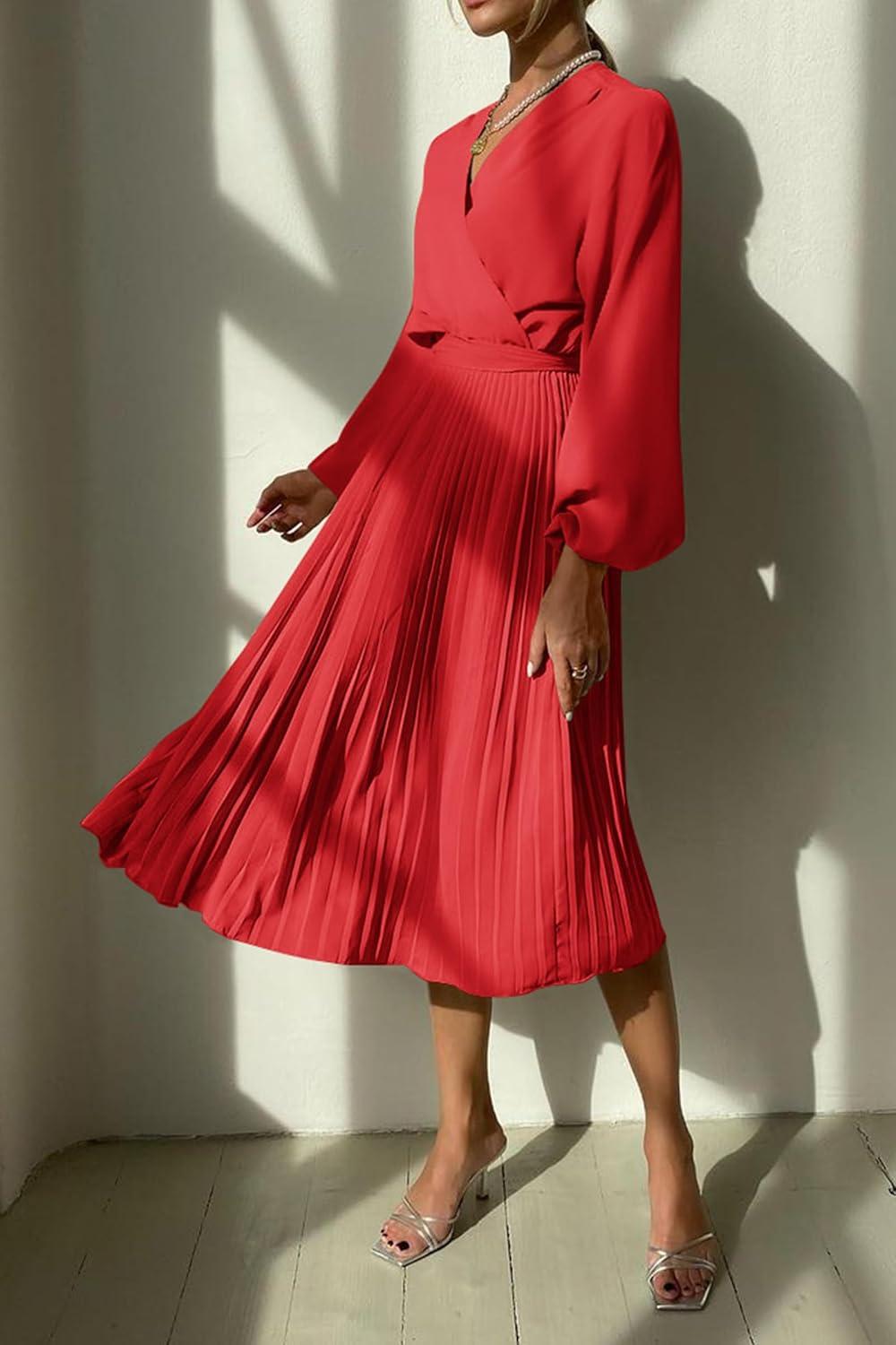 imagePRETTYGARDEN Womens Spring Midi Dress Long Puff Sleeve Wrap V Neck Flowy Ruffle Pleated Casual Fall DressesBright Red